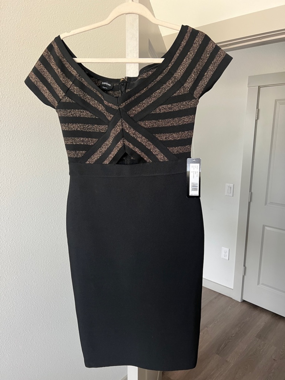 Bebe Black Dress with Metallic Bronze Stripes